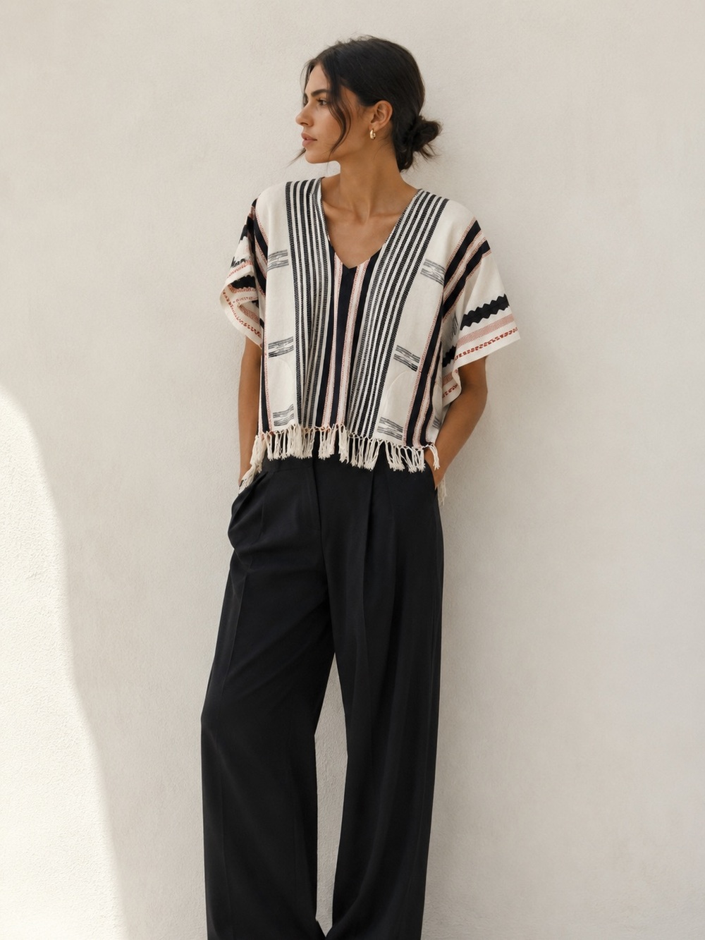 TWELFTH STREET CYNTHIA VINVENT Cotton Fringe Poncho Top P/S Boho Chic